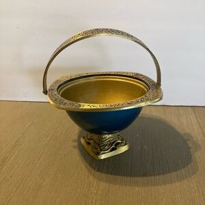 Vintage Israel Blue Enamel and  Brass Metal Pedestal Bowl Basket with Handle